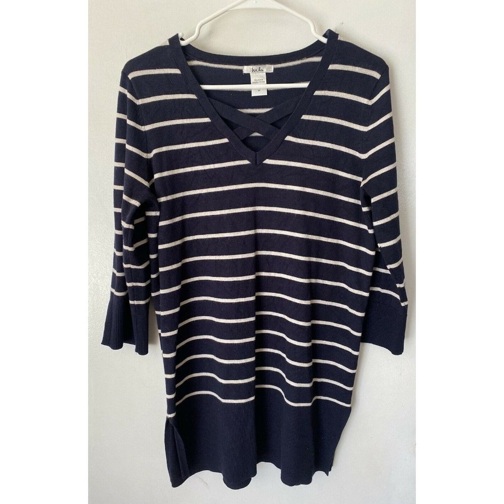 ISELA Navy Blue White Striped Shirt Sz Medium